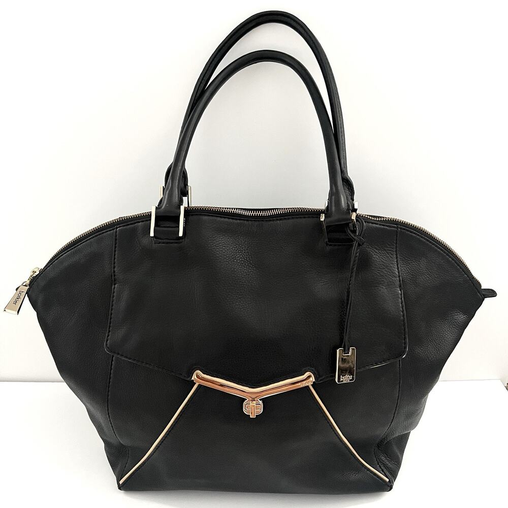 Botkier Valentina Satchel Black Pebbled Leather Turnlock Zip Large Shoulder Bag